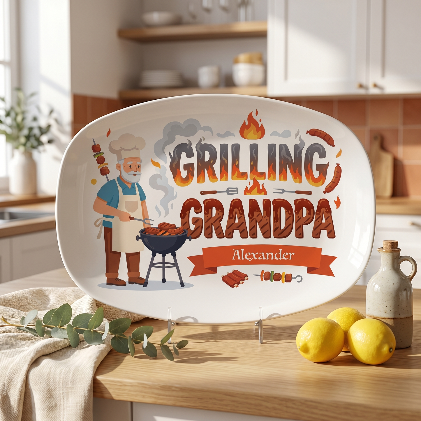 Personalized Grandpa Name Grilling Plate – Custom BBQ Decorative Keepsake for Grandpa