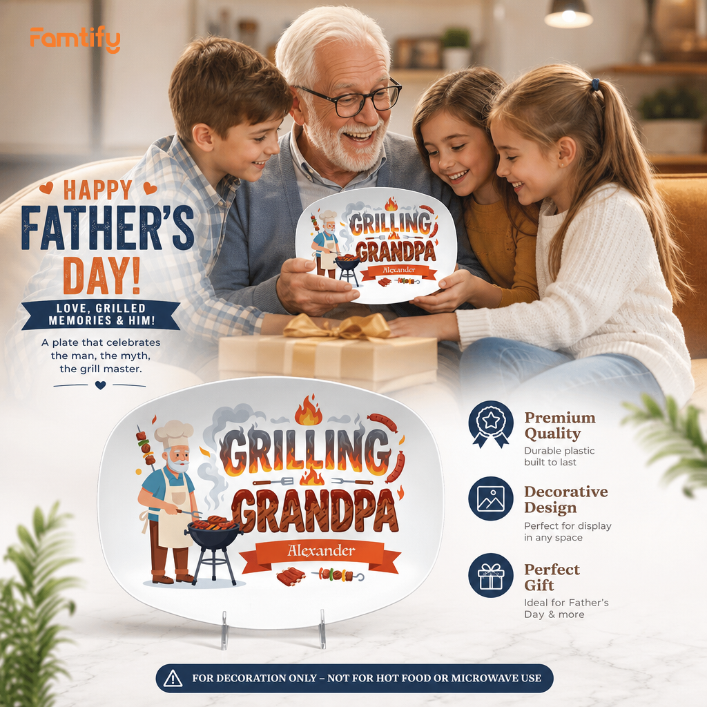 Personalized Grandpa Name Grilling Plate – Custom BBQ Decorative Keepsake for Grandpa