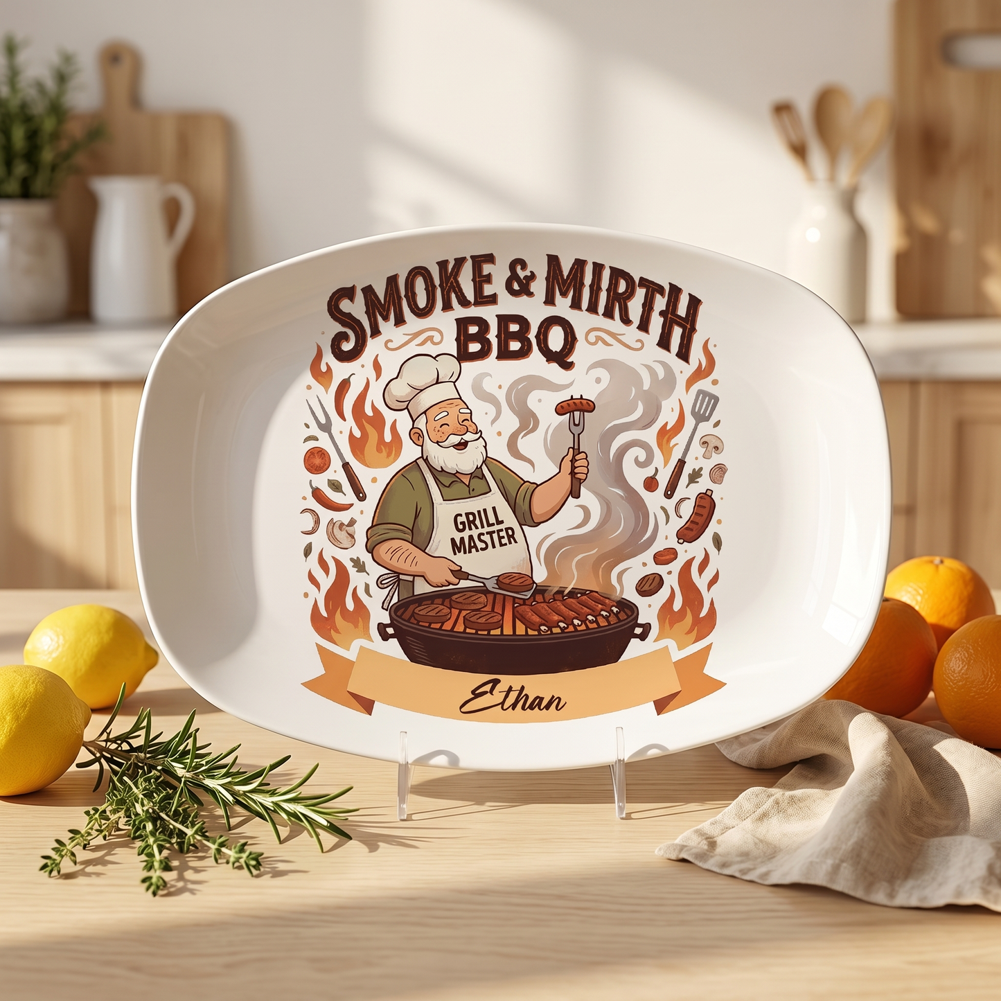 Personalized Smoke & Mirth BBQ Decorative Plate – Custom Name BBQ Keepsake for Grandpa