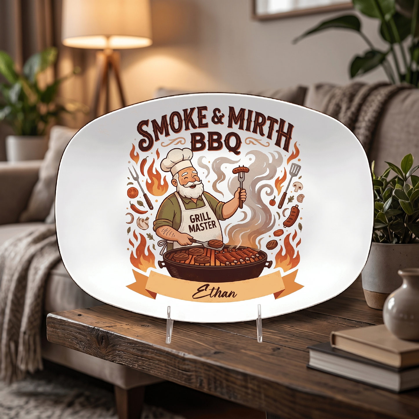 Personalized Smoke & Mirth BBQ Decorative Plate – Custom Name BBQ Keepsake for Grandpa