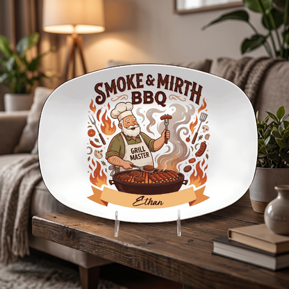 Personalized Smoke & Mirth BBQ Decorative Plate – Custom Name BBQ Keepsake for Grandpa