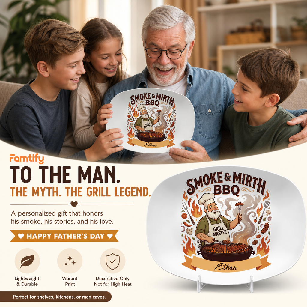 Personalized Smoke & Mirth BBQ Decorative Plate – Custom Name BBQ Keepsake for Grandpa