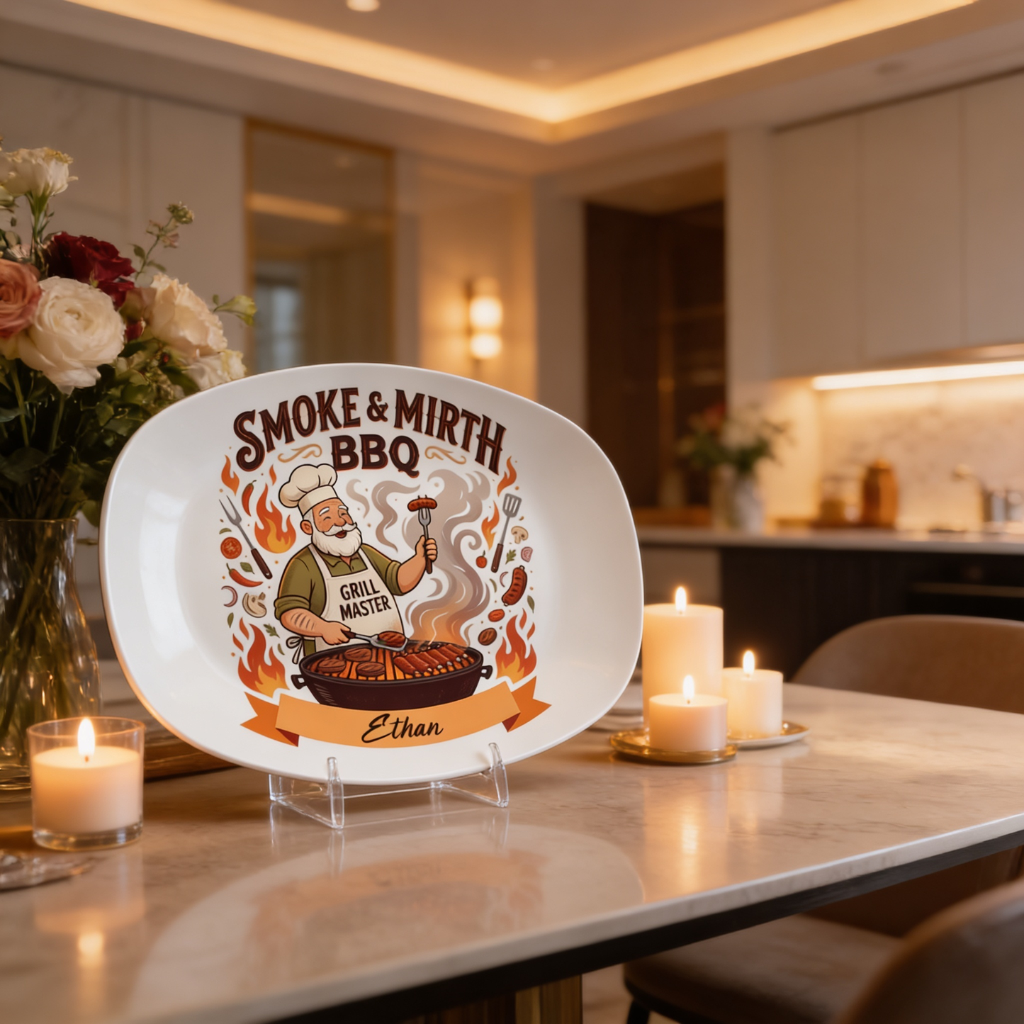Personalized Smoke & Mirth BBQ Decorative Plate – Custom Name BBQ Keepsake for Grandpa