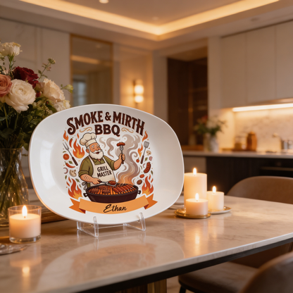 Personalized Smoke & Mirth BBQ Decorative Plate – Custom Name BBQ Keepsake for Grandpa