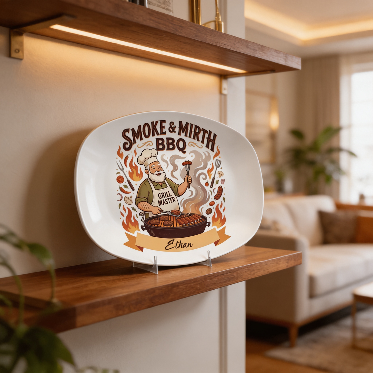 Personalized Smoke & Mirth BBQ Decorative Plate – Custom Name BBQ Keepsake for Grandpa