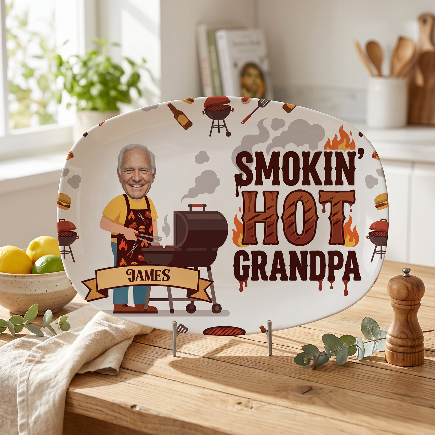 Personalized Smokin' Hot Grandpa Decorative Plate – Custom Name BBQ Keepsake for Grandpa