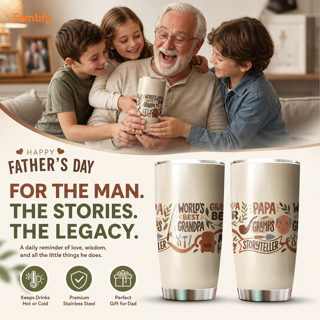 Grandpa Bear My Hero 20oz Tumbler – Stainless Steel Travel Mug Gift for Grandpa