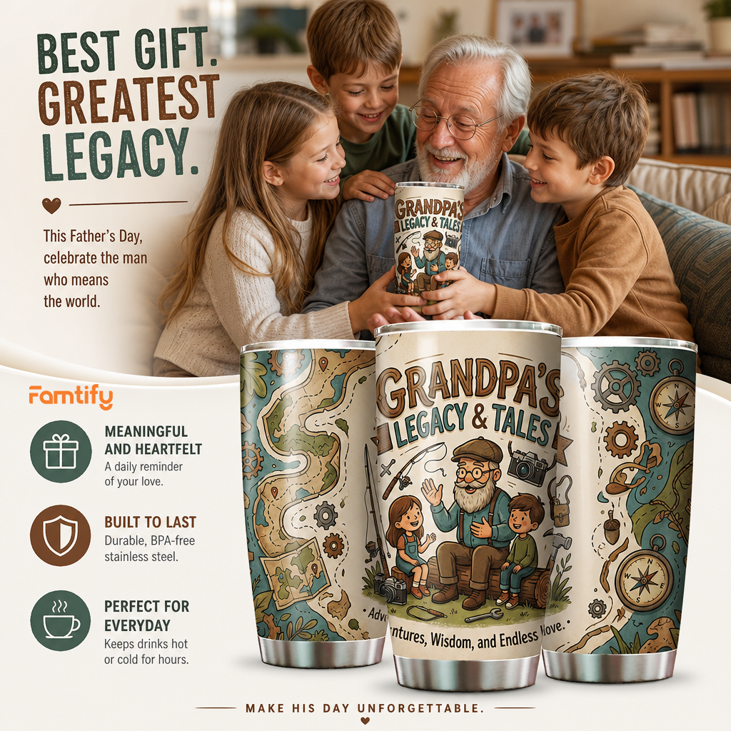 Grandpa's Legacy and Tales 20oz Tumbler – Stainless Steel Travel Mug Gift for Grandpa