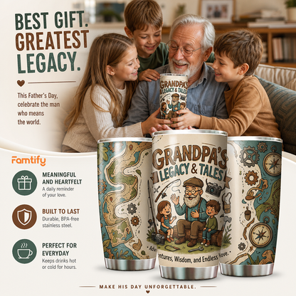 Grandpa's Legacy and Tales 20oz Tumbler – Stainless Steel Travel Mug Gift for Grandpa