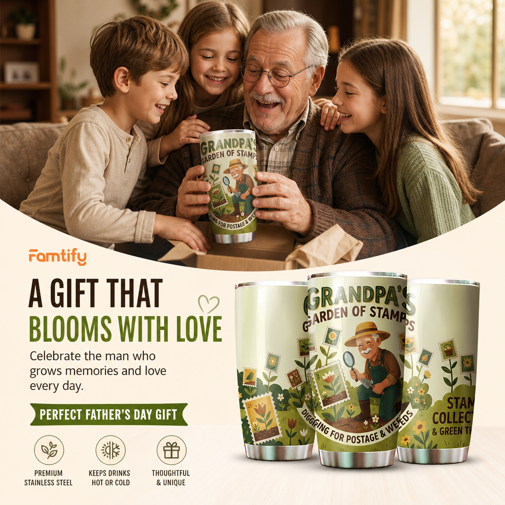 Grandpa's Garden of Stamps 20oz Tumbler – Stainless Steel Travel Mug Gift for Grandpa