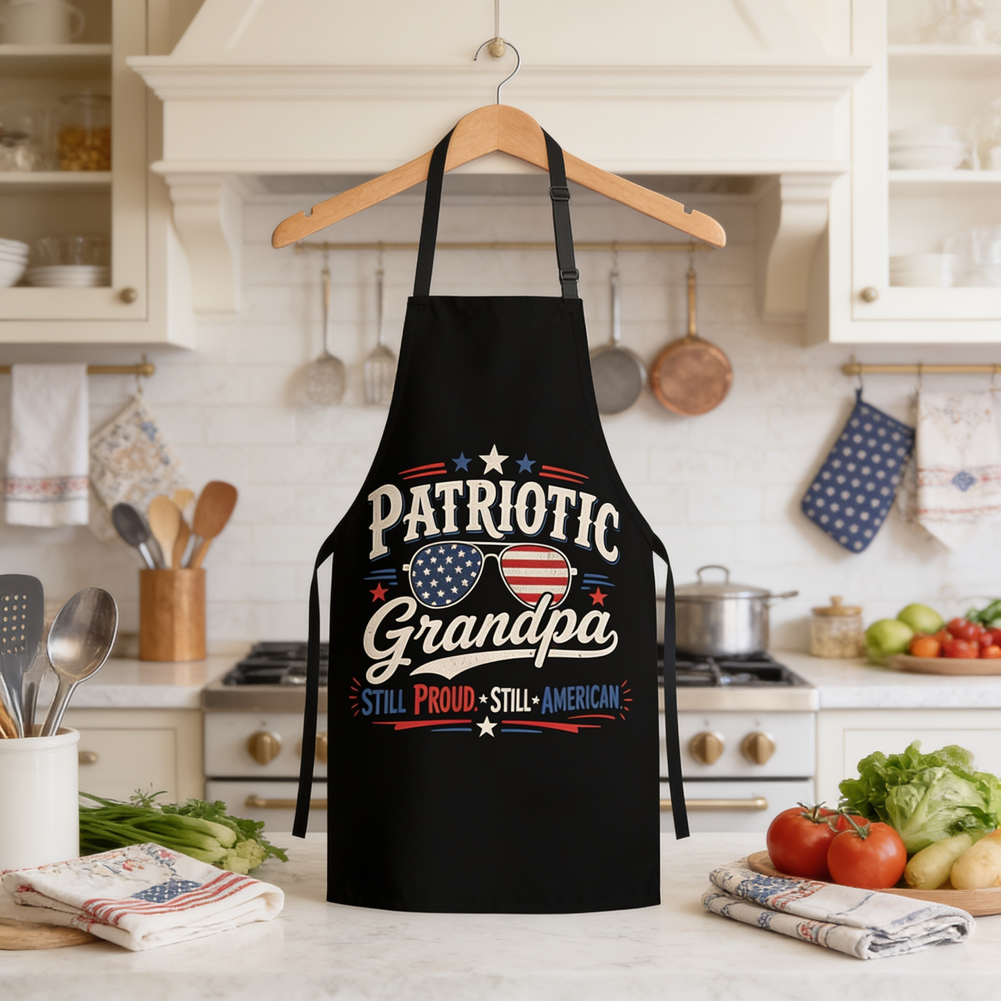 Patriotic Grandpa Still Proud Apron – Funny American BBQ Grilling Apron Gift for Grandpa
