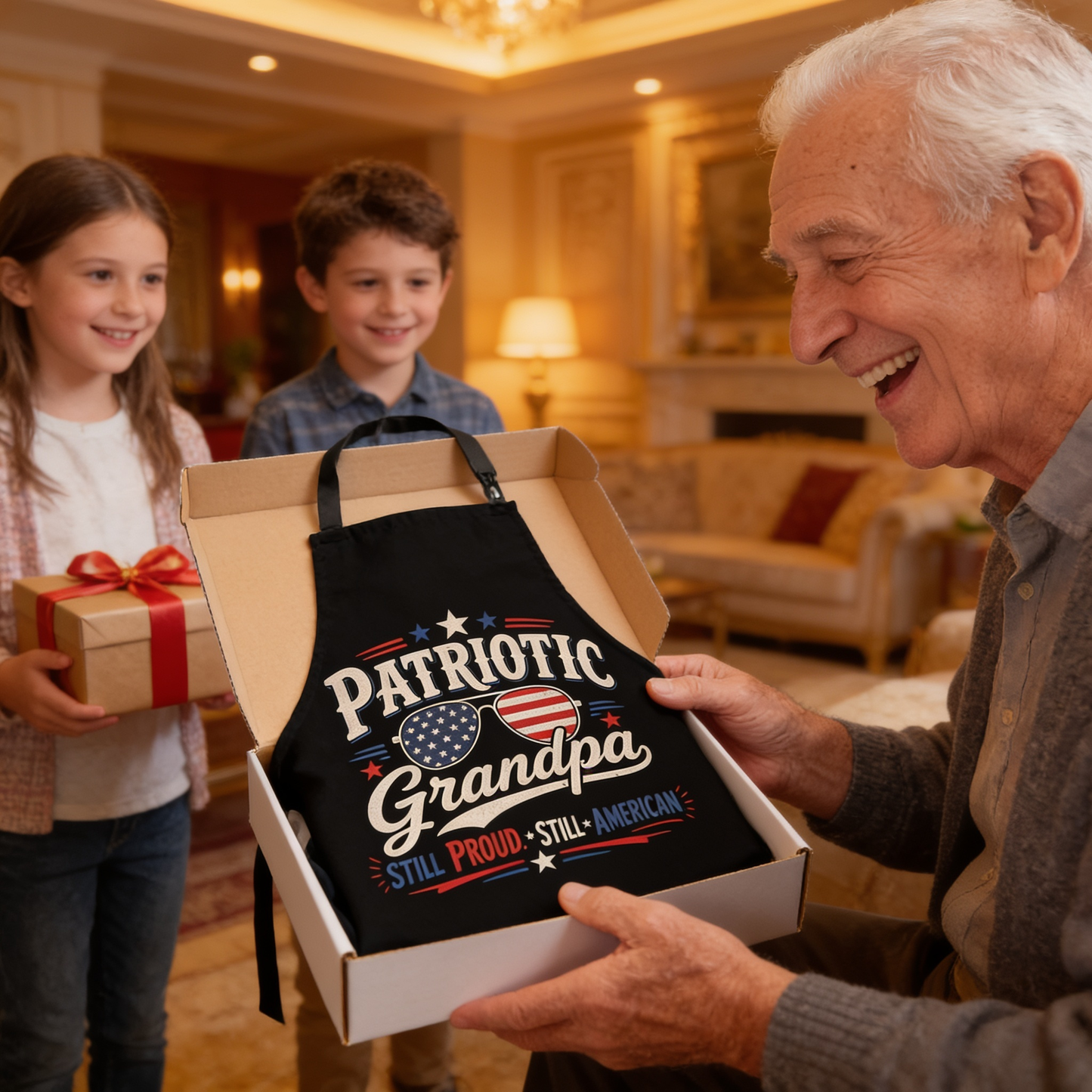 Patriotic Grandpa Still Proud Apron – Funny American BBQ Grilling Apron Gift for Grandpa