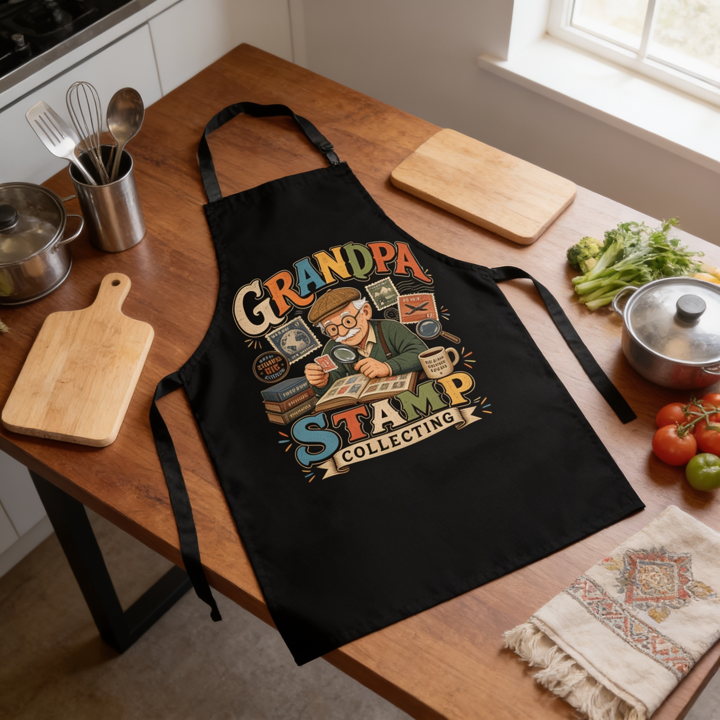 Grandpa Stamp Collecting Apron – Vintage Stamp Collector Apron Gift for Grandpa