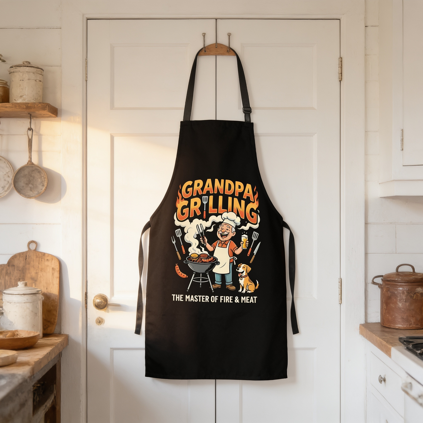 Grandpa Grilling The Master of Fire and Meat Apron – Funny BBQ Apron Gift for Grandpa