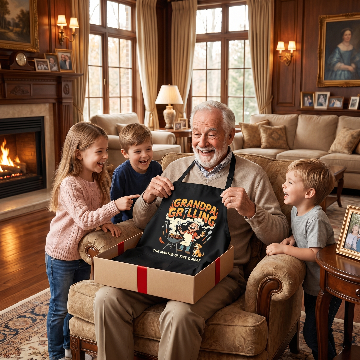 Grandpa Grilling The Master of Fire and Meat Apron – Funny BBQ Apron Gift for Grandpa