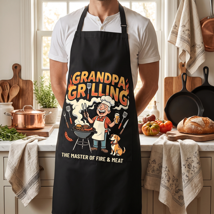 Grandpa Grilling The Master of Fire and Meat Apron – Funny BBQ Apron Gift for Grandpa