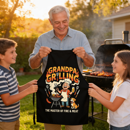 Grandpa Grilling The Master of Fire and Meat Apron – Funny BBQ Apron Gift for Grandpa