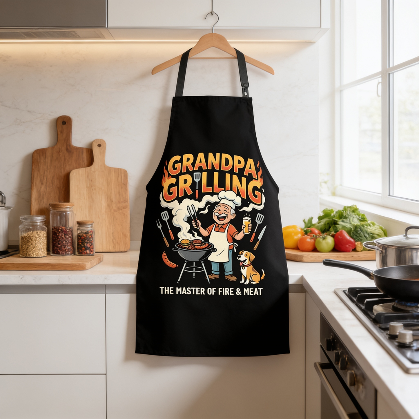 Grandpa Grilling The Master of Fire and Meat Apron – Funny BBQ Apron Gift for Grandpa