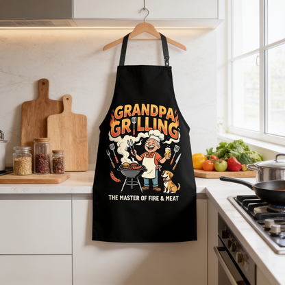Grandpa Grilling The Master of Fire and Meat Apron – Funny BBQ Apron Gift for Grandpa