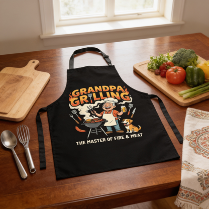 Grandpa Grilling The Master of Fire and Meat Apron – Funny BBQ Apron Gift for Grandpa
