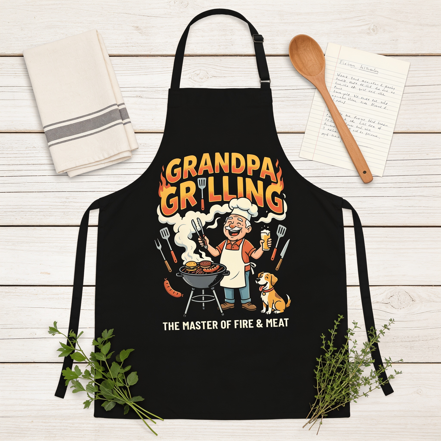 Grandpa Grilling The Master of Fire and Meat Apron – Funny BBQ Apron Gift for Grandpa