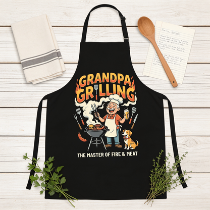 Grandpa Grilling The Master of Fire and Meat Apron – Funny BBQ Apron Gift for Grandpa