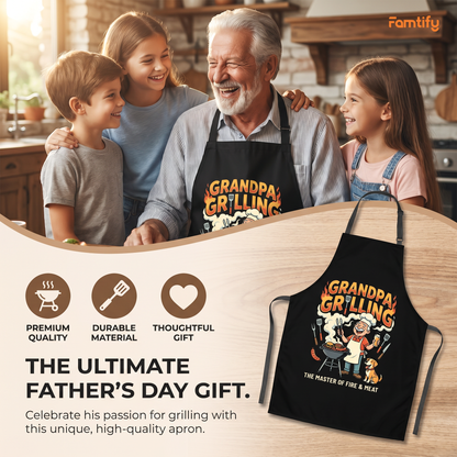 Grandpa Grilling The Master of Fire and Meat Apron – Funny BBQ Apron Gift for Grandpa