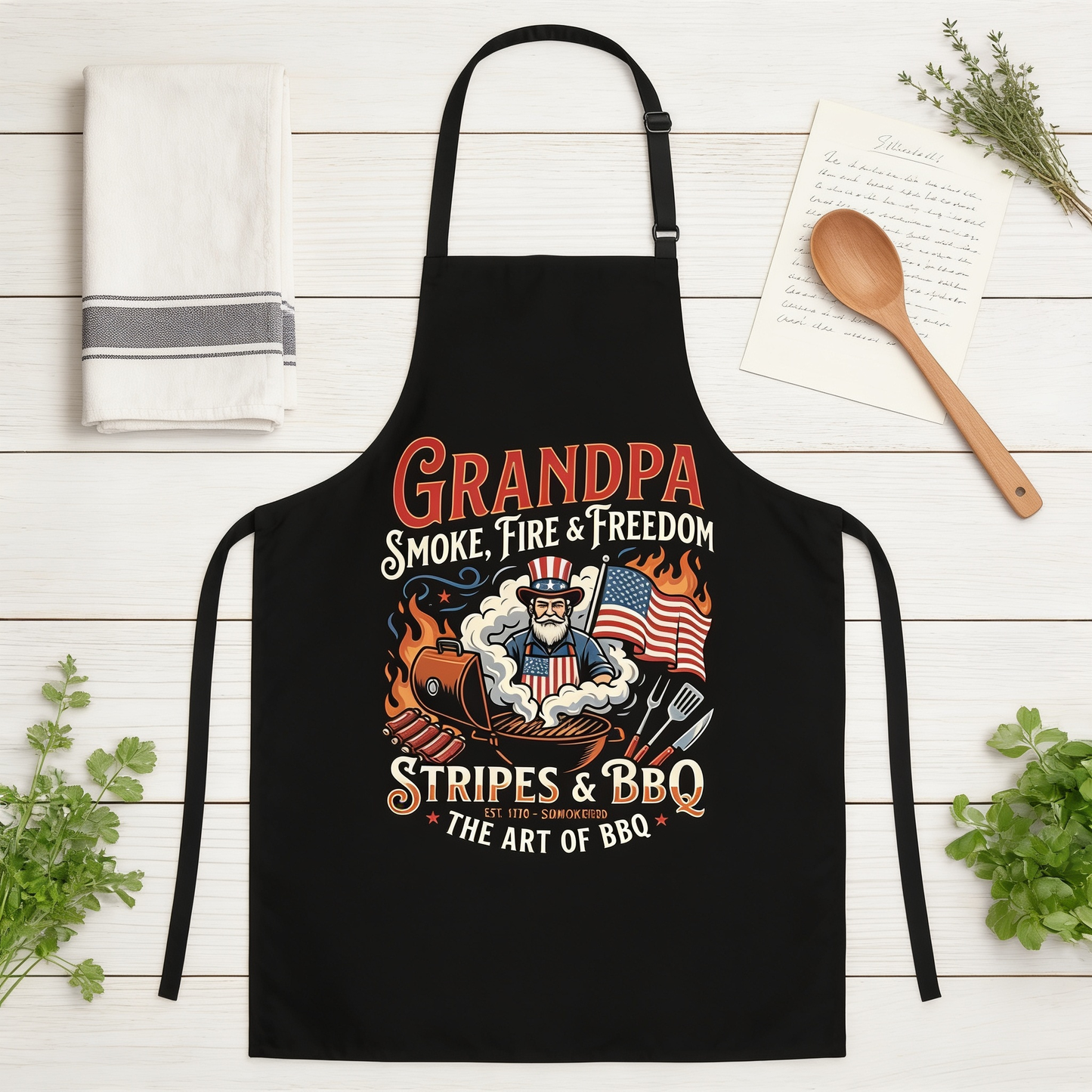 Grandpa Smoke Fire and Freedom Apron – Patriotic BBQ Grilling Apron Gift for