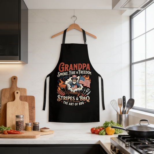 Grandpa Smoke Fire and Freedom Apron - Patriotic BBQ Grilling Apron Gift for