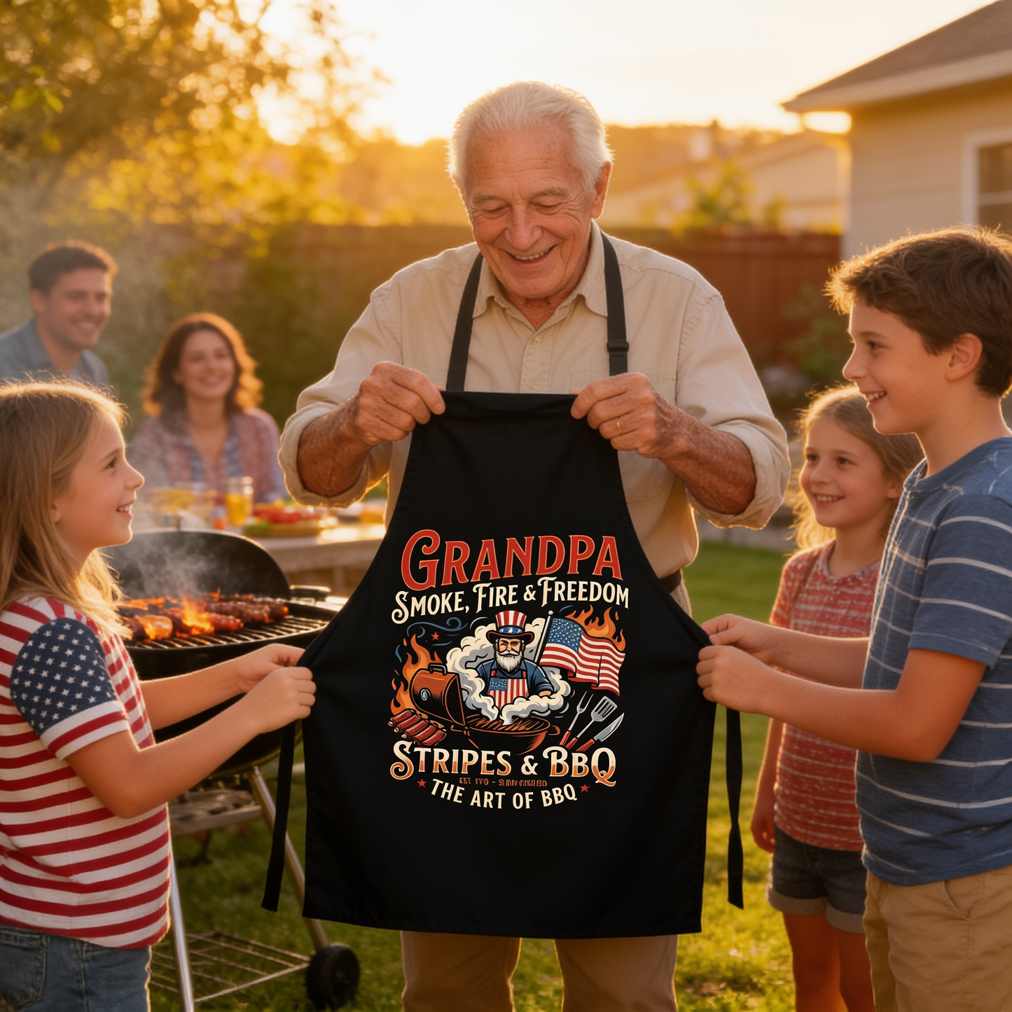 Grandpa Smoke Fire and Freedom Apron – Patriotic BBQ Grilling Apron Gift for
