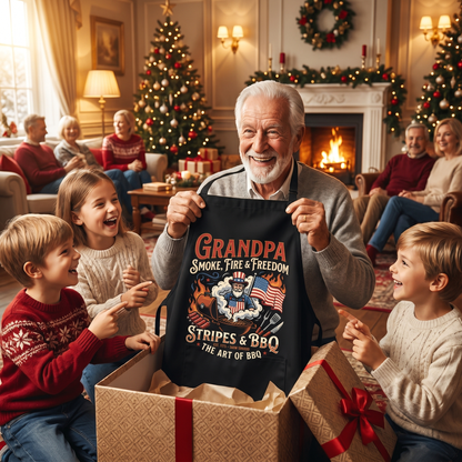 Grandpa Smoke Fire and Freedom Apron – Patriotic BBQ Grilling Apron Gift for