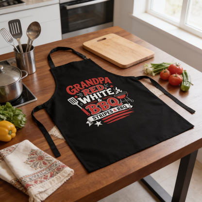 Grandpa Red White BBQ Apron – Patriotic Stripes and BBQ Grilling Apron Gift for Grandpa