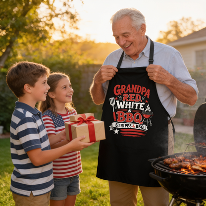 Grandpa Red White BBQ Apron – Patriotic Stripes and BBQ Grilling Apron Gift for Grandpa