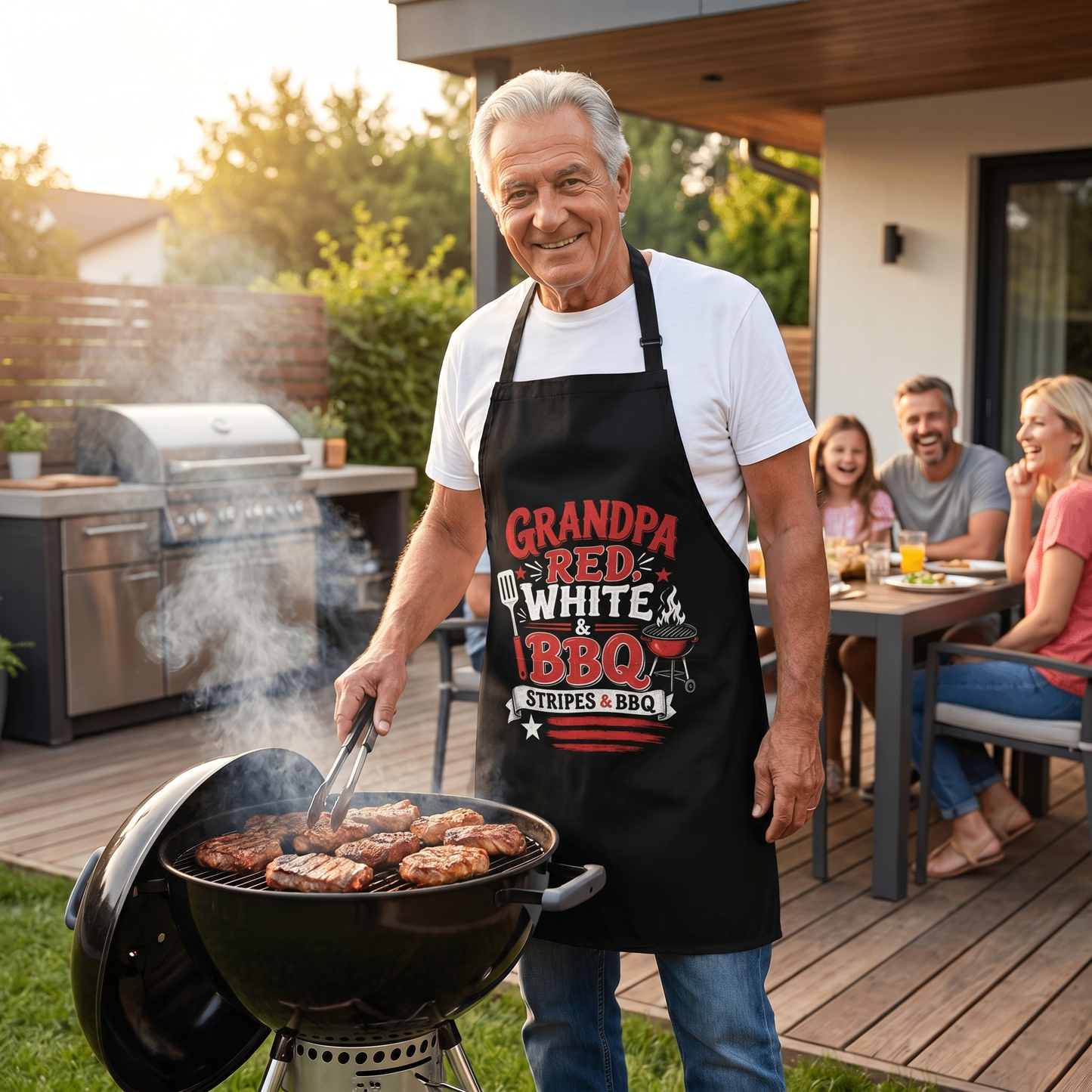 Grandpa Red White BBQ Apron – Patriotic Stripes and BBQ Grilling Apron Gift for Grandpa