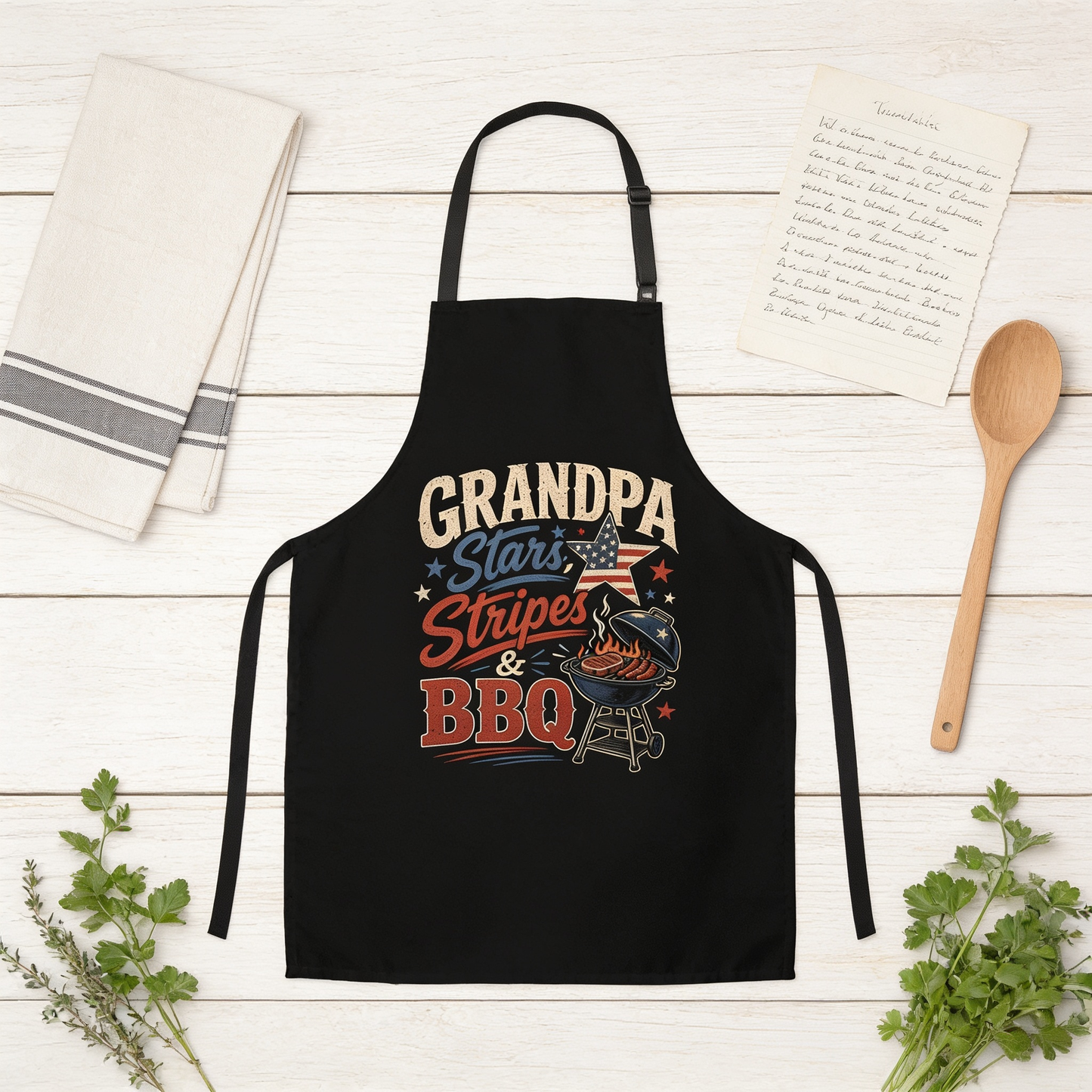 Grandpa Stars Stripes and BBQ Apron – Patriotic BBQ Grilling Apron Gift for Grandpa