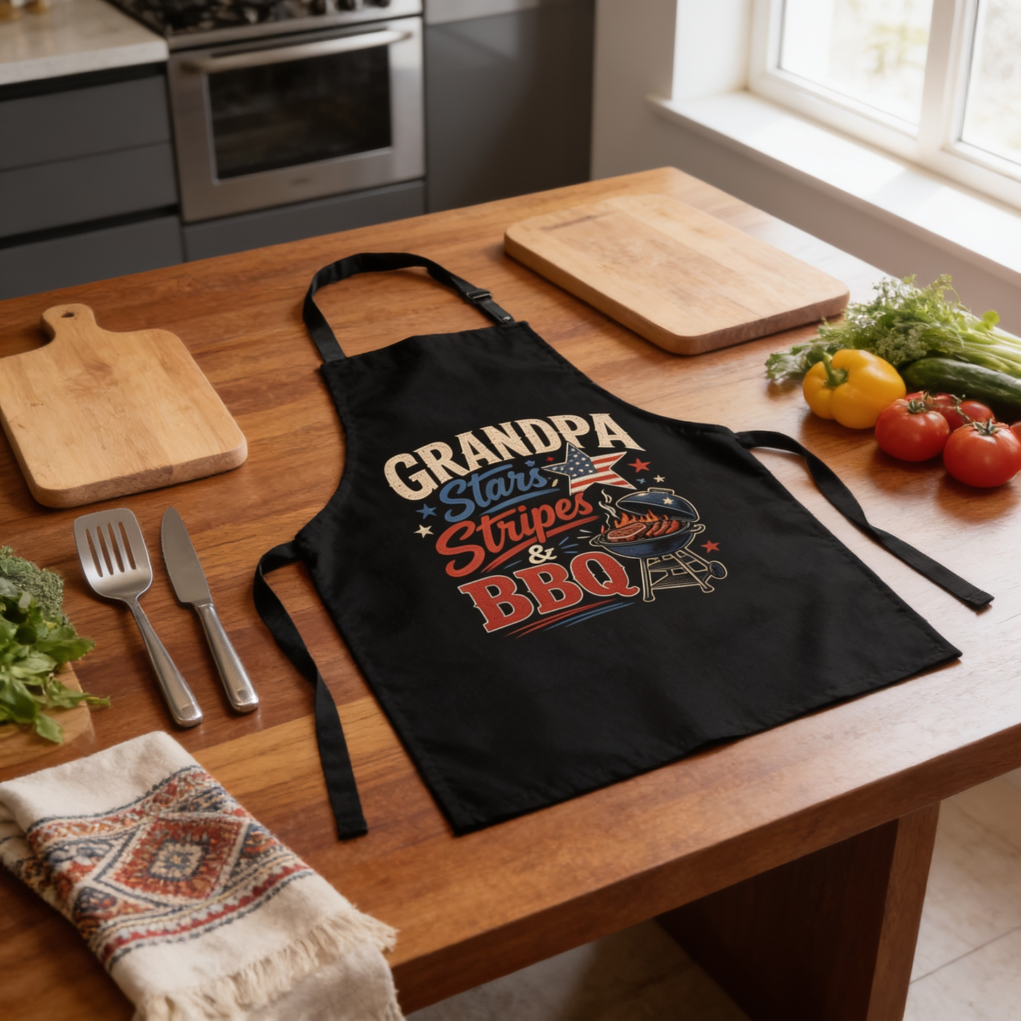 Grandpa Stars Stripes and BBQ Apron – Patriotic BBQ Grilling Apron Gift for Grandpa