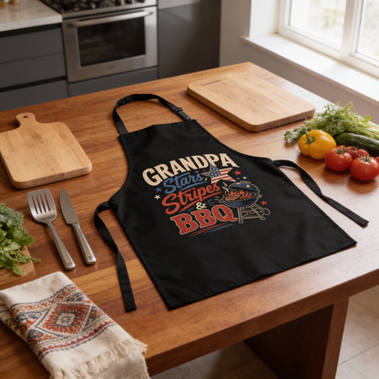 Grandpa Stars Stripes and BBQ Apron – Patriotic BBQ Grilling Apron Gift for Grandpa