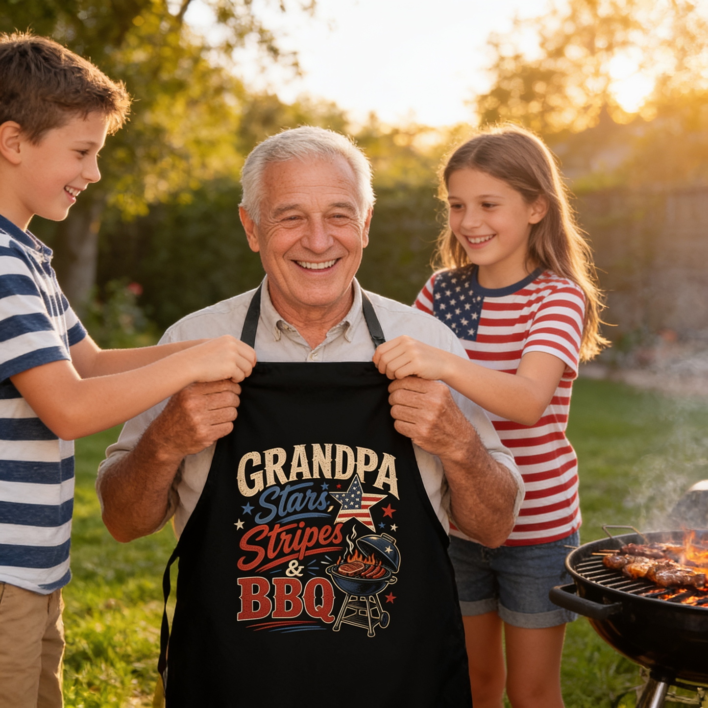 Grandpa Stars Stripes and BBQ Apron – Patriotic BBQ Grilling Apron Gift for Grandpa