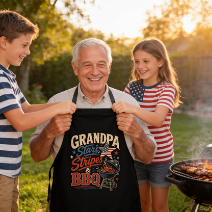 Grandpa Stars Stripes and BBQ Apron – Patriotic BBQ Grilling Apron Gift for Grandpa