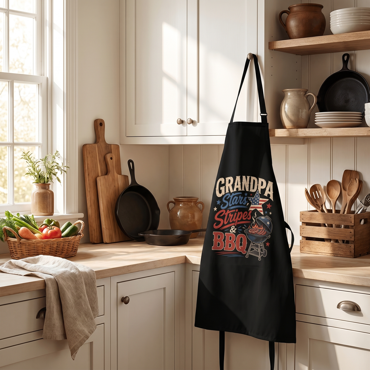 Grandpa Stars Stripes and BBQ Apron – Patriotic BBQ Grilling Apron Gift for Grandpa