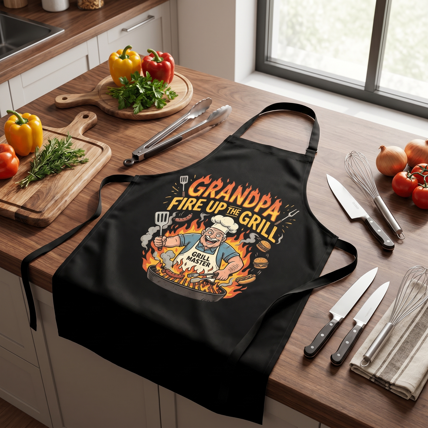 Grandpa Fire Up The Grill Apron – Funny BBQ Grilling Apron Gift for Grandpa