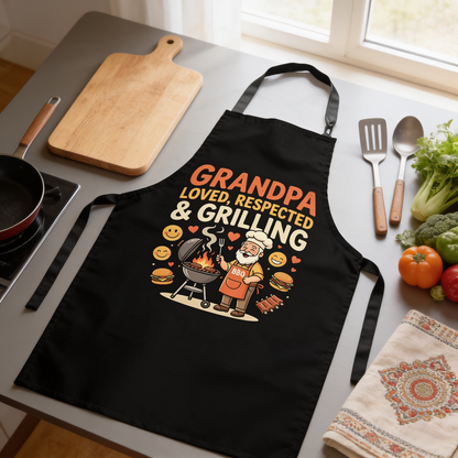 Grandpa Loved, Respected and Grilling Apron – Funny BBQ Grilling Apron Gift for Grandpa
