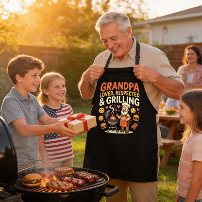 Grandpa Loved, Respected and Grilling Apron – Funny BBQ Grilling Apron Gift for Grandpa