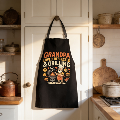 Grandpa Loved, Respected and Grilling Apron – Funny BBQ Grilling Apron Gift for Grandpa