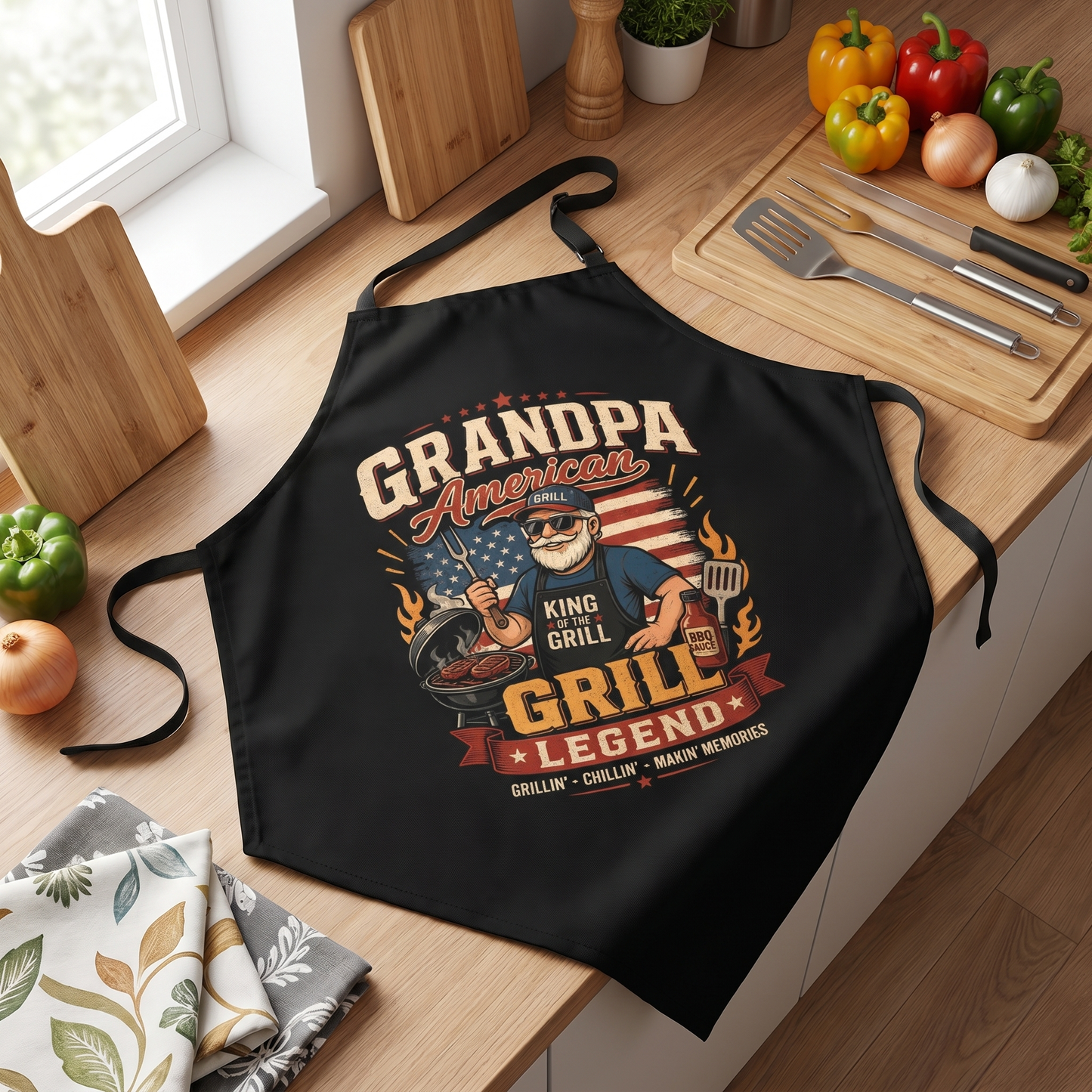 Grandpa America Grill Legend Apron – Patriotic BBQ Grilling Apron Gift for Grandpa