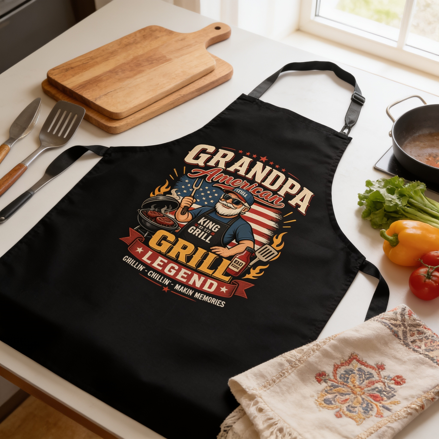Grandpa America Grill Legend Apron – Patriotic BBQ Grilling Apron Gift for Grandpa