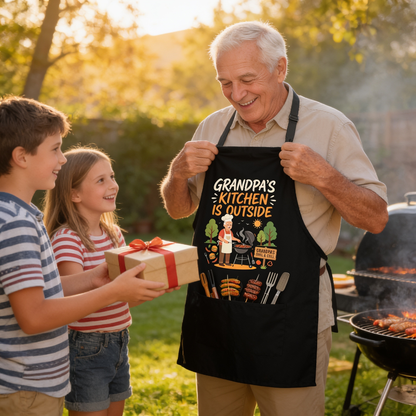 Grandpa's Kitchen Is Outside Apron – Funny BBQ Grilling Apron Gift for Grandpa
