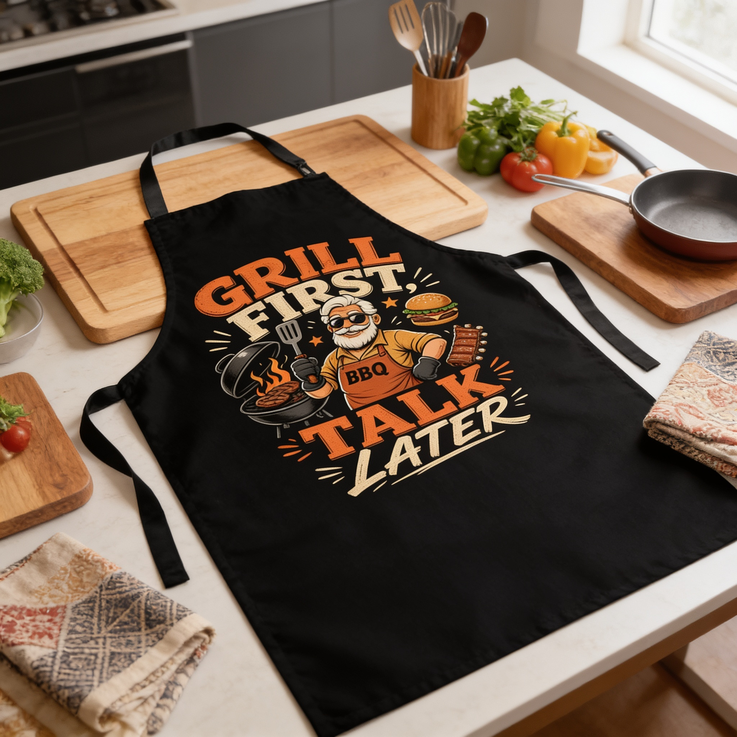 Grill First Talk Later Apron – Funny BBQ Grilling Apron Gift for Grandpa