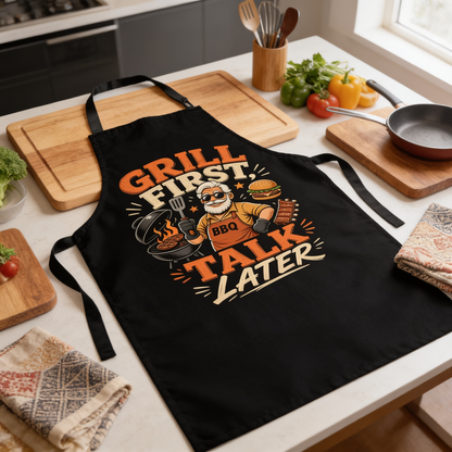 Grill First Talk Later Apron – Funny BBQ Grilling Apron Gift for Grandpa