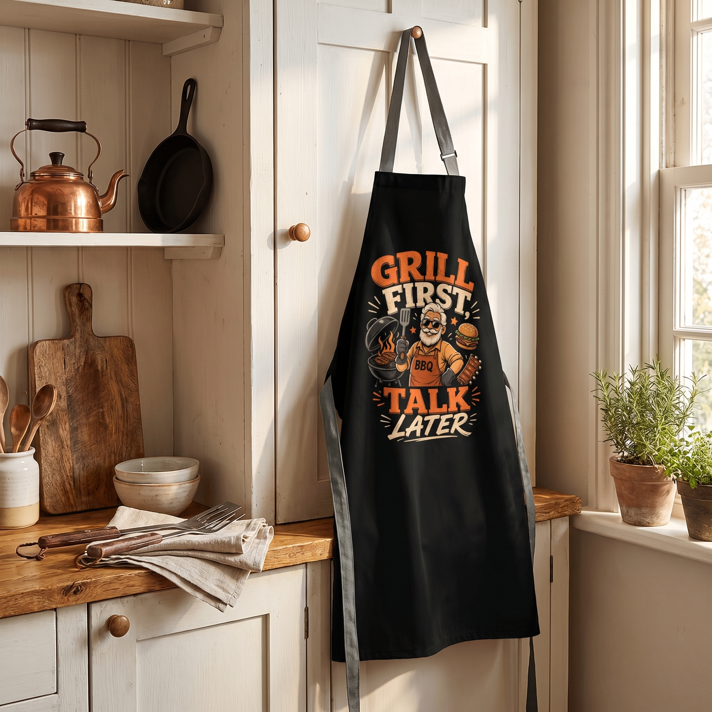 Grill First Talk Later Apron – Funny BBQ Grilling Apron Gift for Grandpa